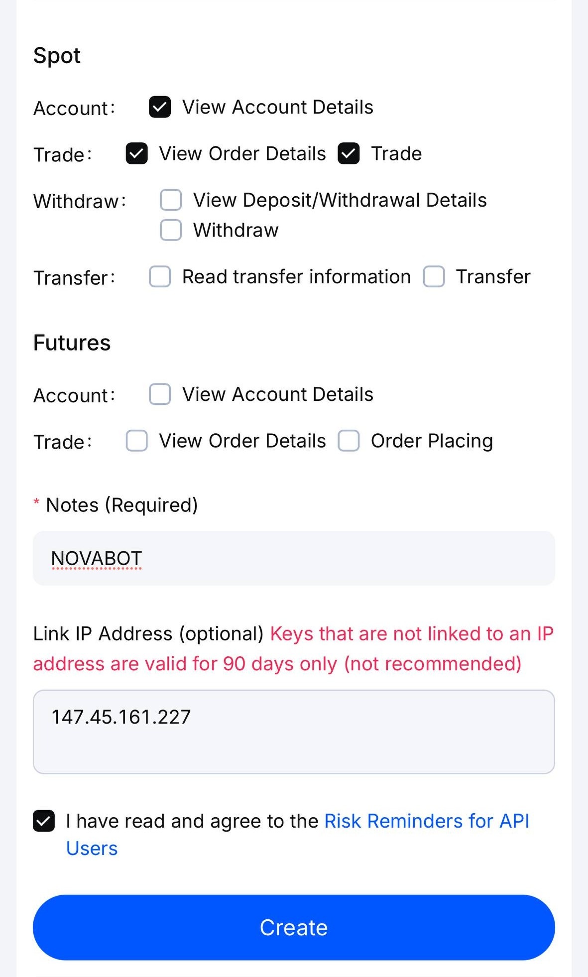 MEXC API setup form example