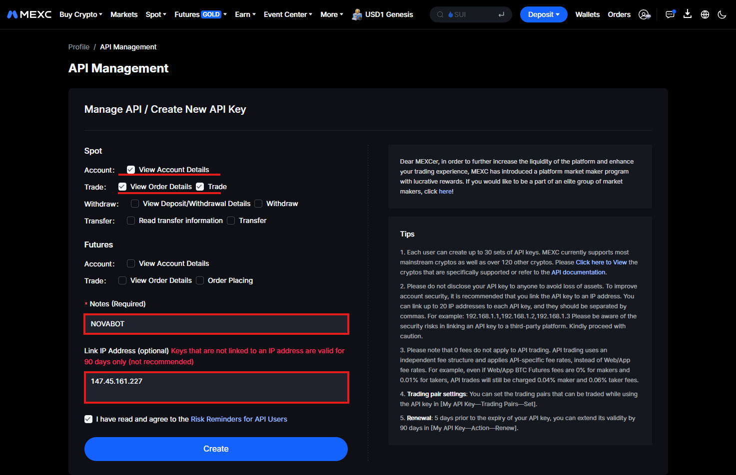 MEXC — Spot permissions, note and IP address